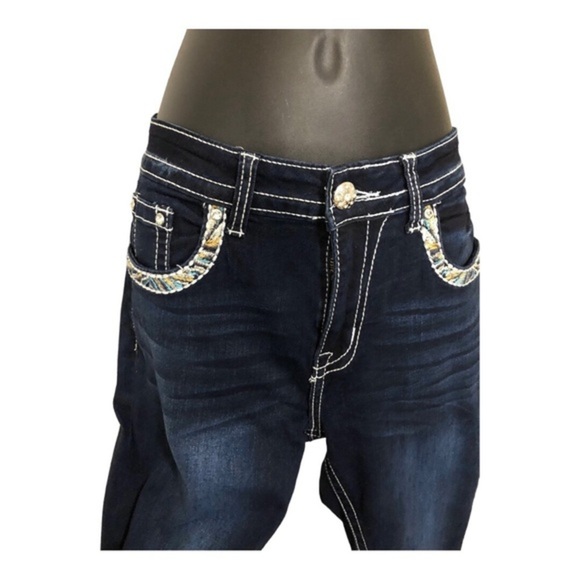 Beautiful embroidered sequined exposed stitching crystal studded blue jeans new - Picture 14 of 17